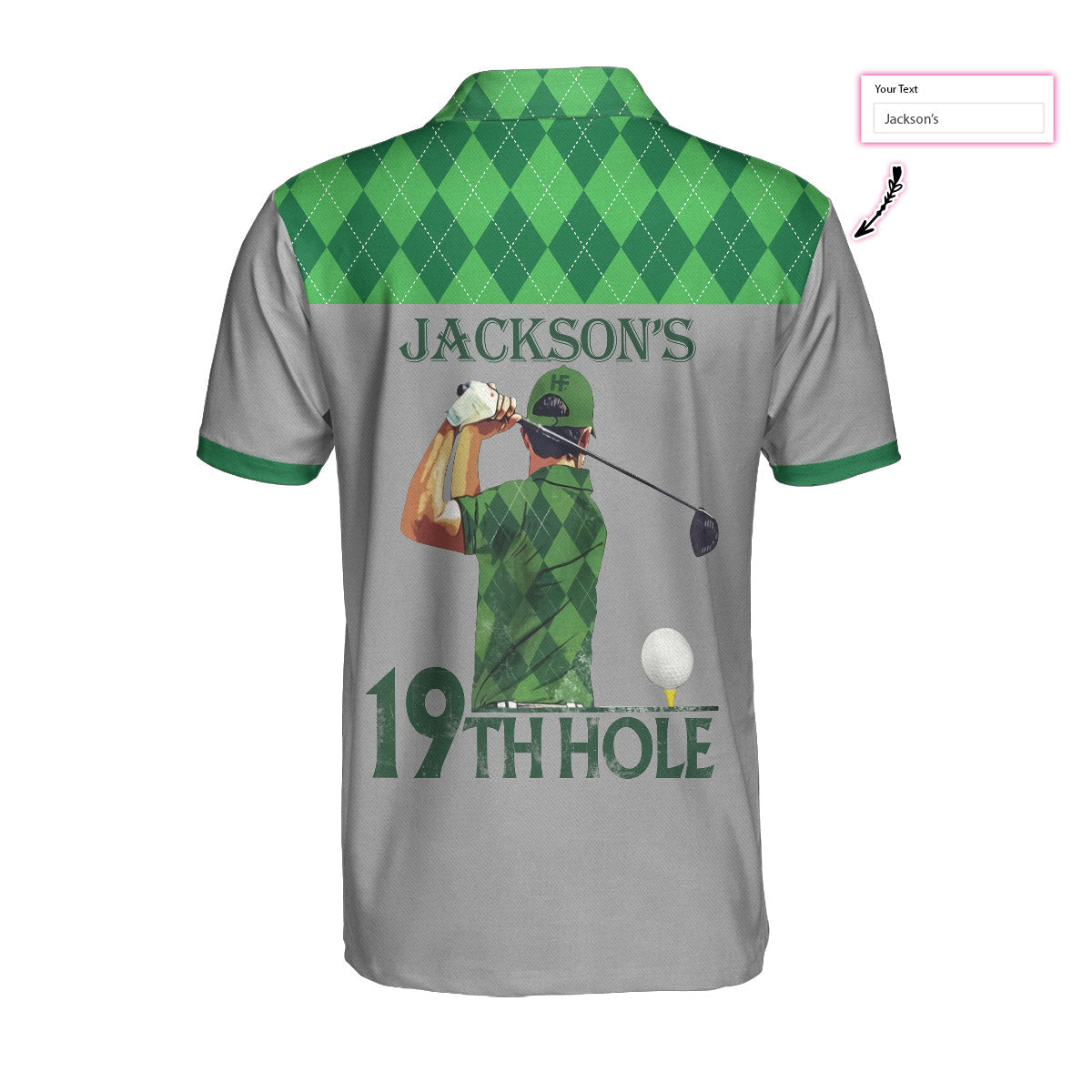 19th Hole Custom Polo Shirt, Green Argyle Pattern Golf Shirt For Men, Personalized Golf Gift For Golfers