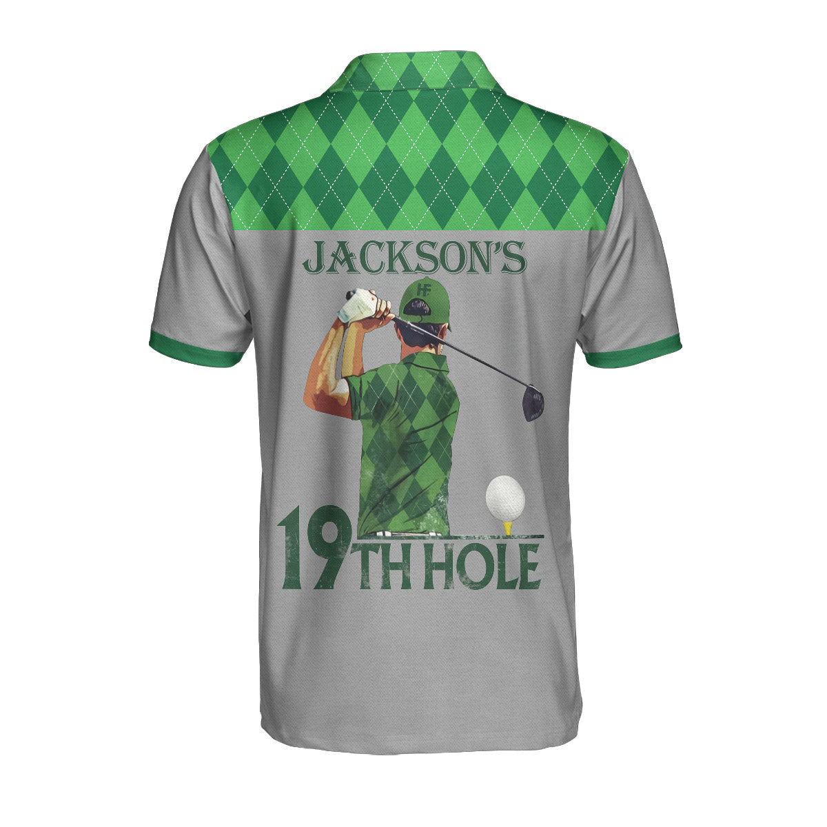 19th Hole Custom Polo Shirt, Green Argyle Pattern Golf Shirt For Men, Personalized Golf Gift For Golfers