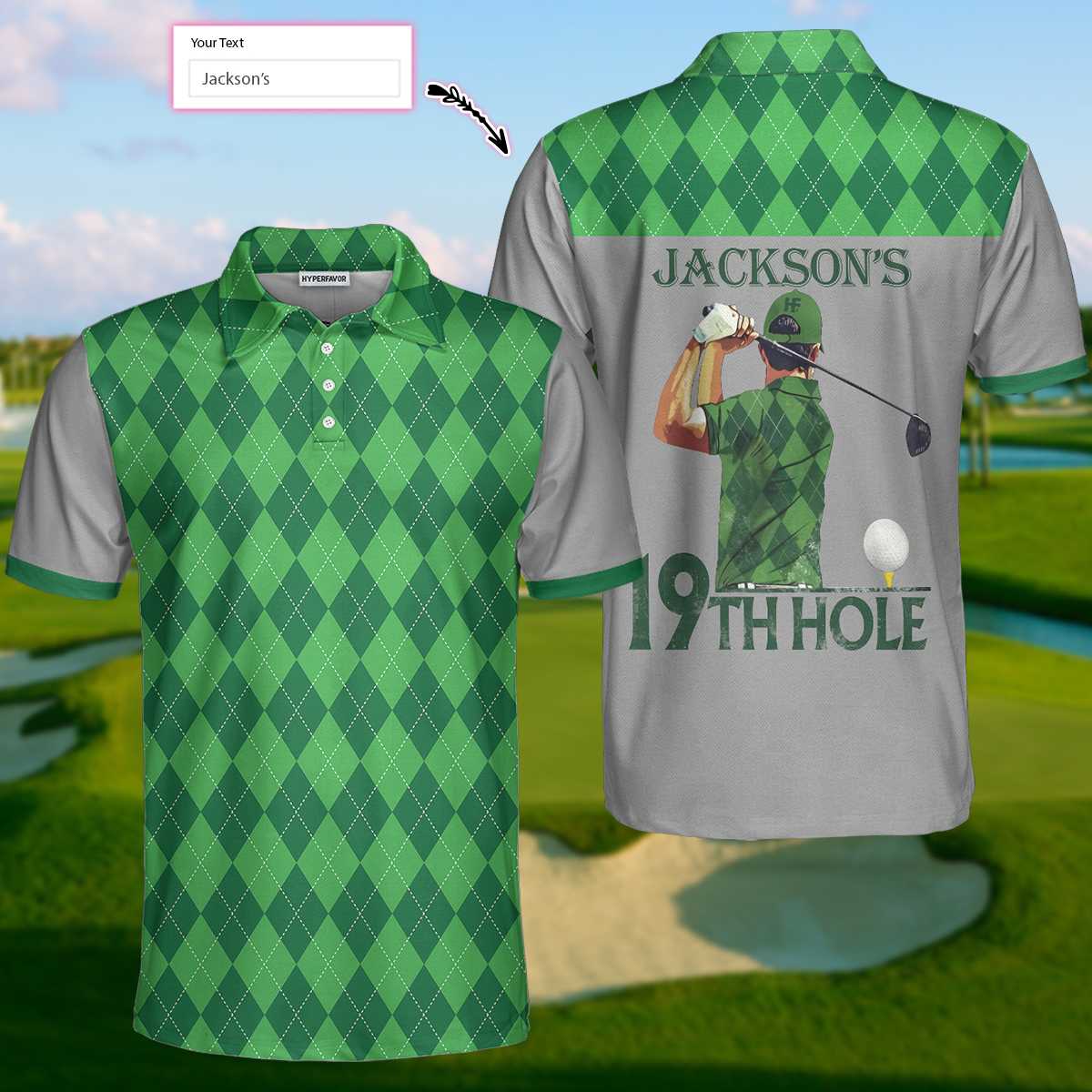 19th Hole Custom Polo Shirt, Green Argyle Pattern Golf Shirt For Men, Personalized Golf Gift For Golfers