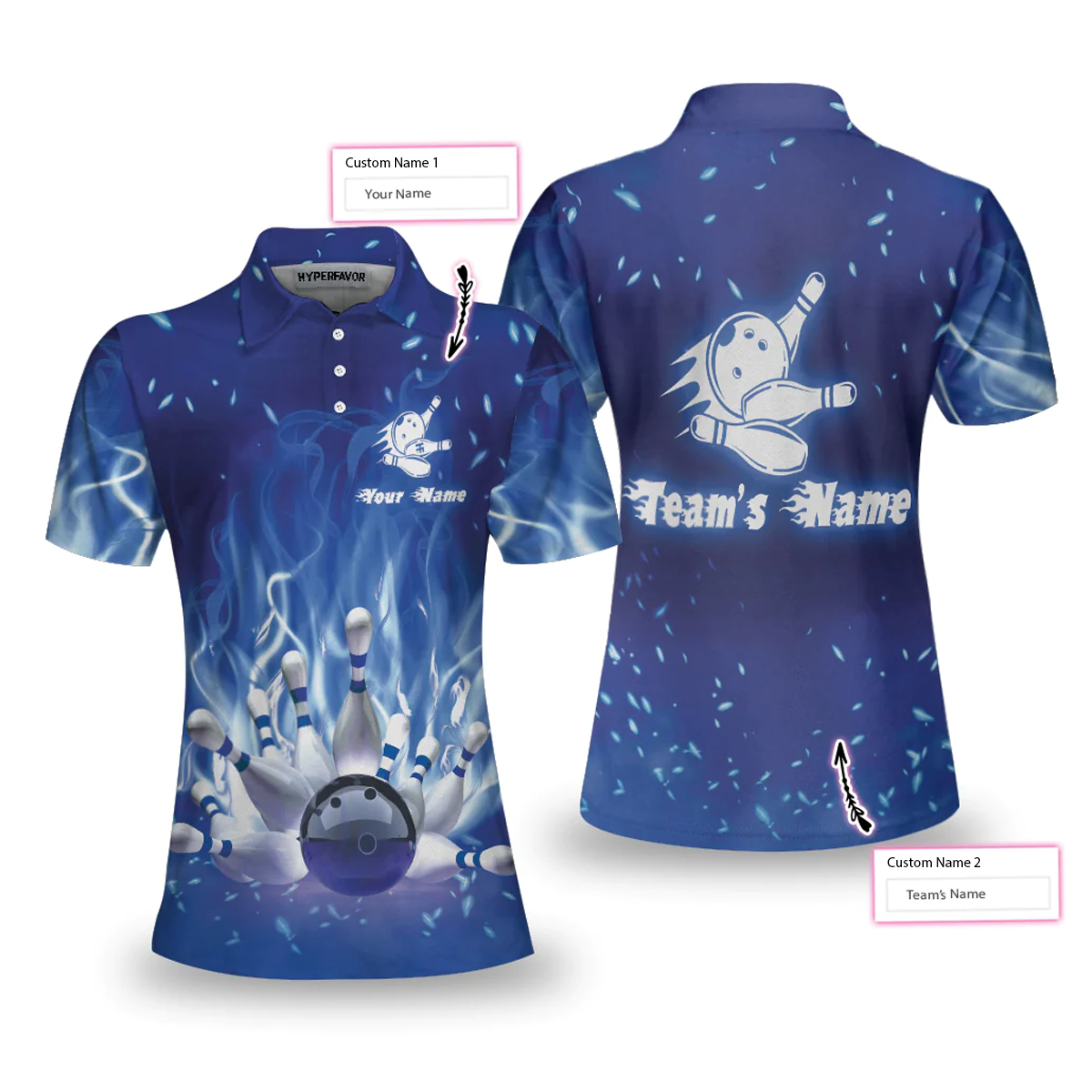 Bowling On Blue Fire Custom Short Sleeve Women Polo Shirt, Personalized Blue Flame Polo Shirt For Female Bowlers - Hyperfavor