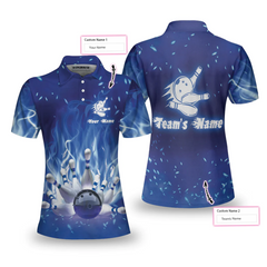 Bowling On Blue Fire Custom Short Sleeve Women Polo Shirt, Personalized Blue Flame Polo Shirt For Female Bowlers - Hyperfavor