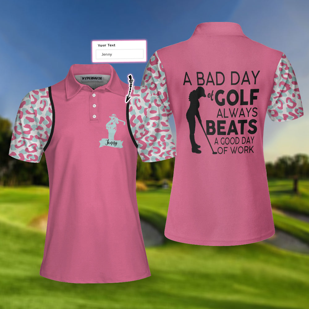 A Bad Day Of Golf Always Beats A Good Day Of Work Leopard Short Sleeve Women Polo Shirt, Pink Leopard Shirt
