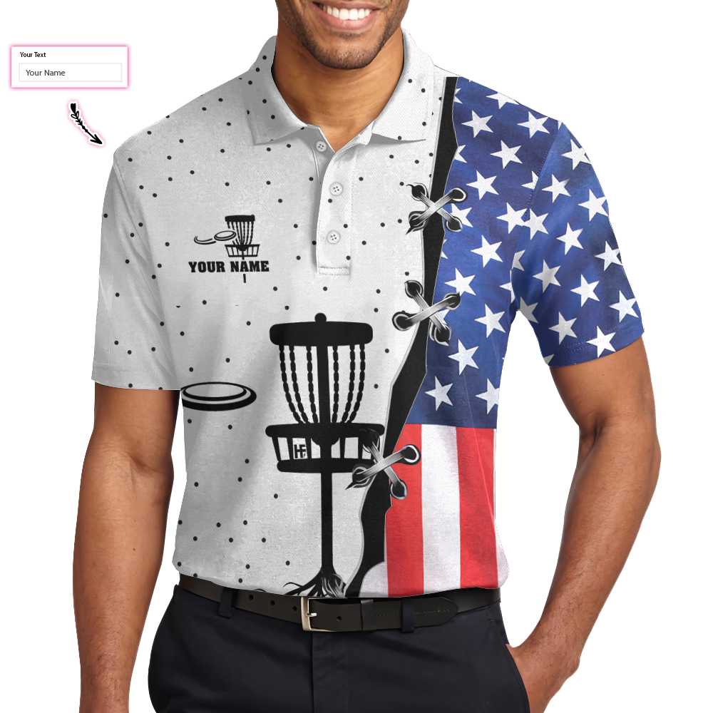 American Flag Disc Golf Custom Polo Shirt, Dot Pattern Disc Golf Shirt For Men, Personalized Disc Golf Shirt