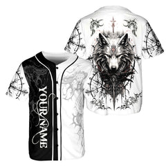 Black White Yinyang Wolf Custom Baseball Jersey - HYPERFAVOR