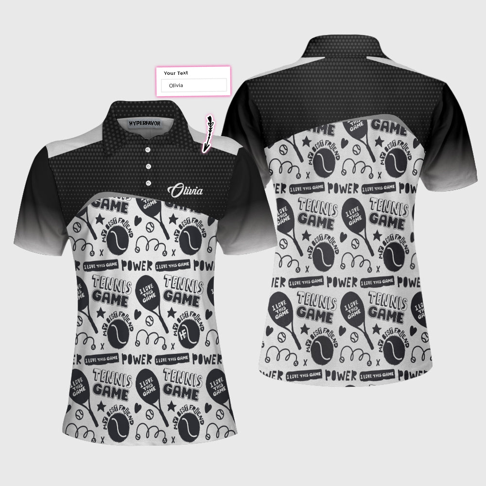 Black And White I Love Tennis Game Custom Short Sleeve Women Polo Shirt