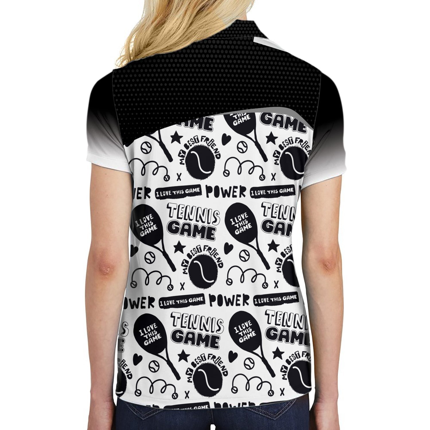 Black And White I Love Tennis Game Custom Short Sleeve Women Polo Shirt