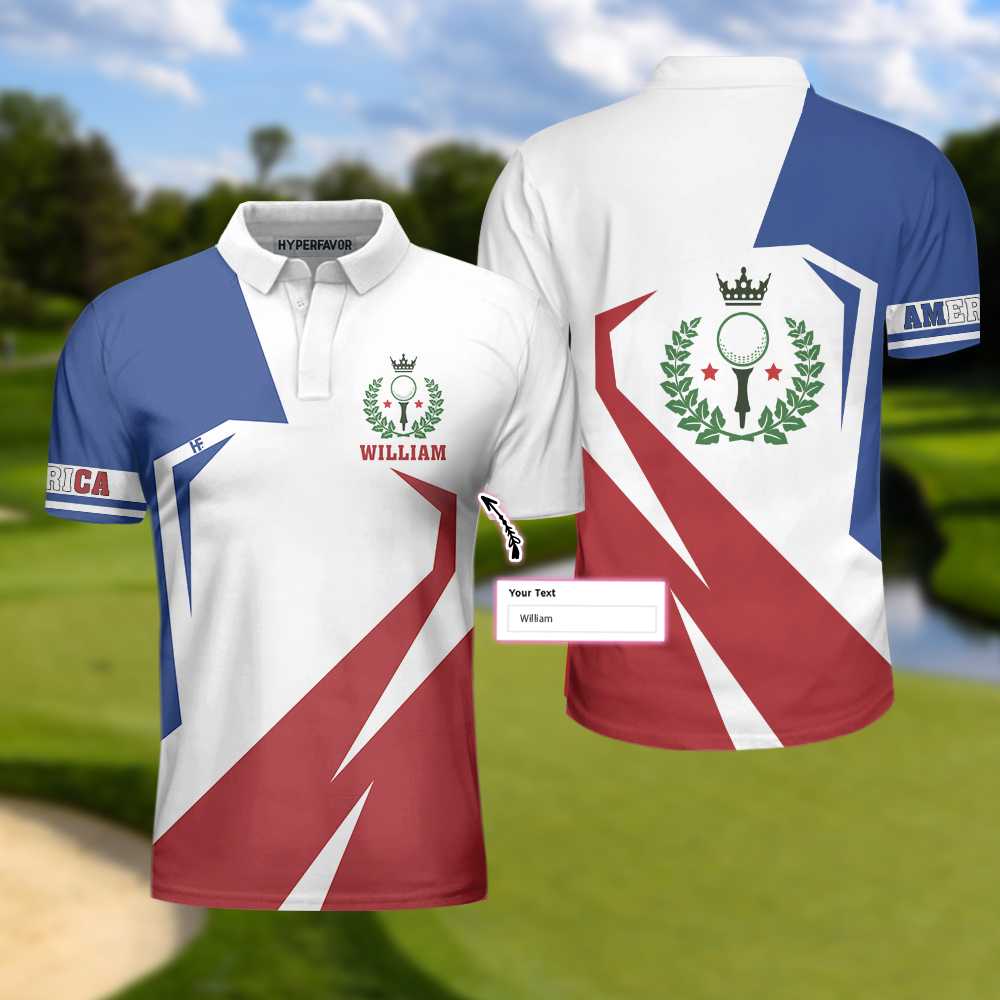 Blue Red White Golf Custom Polo Shirt, Customized American Golf Shirt For Men, Gift Idea For Golfers