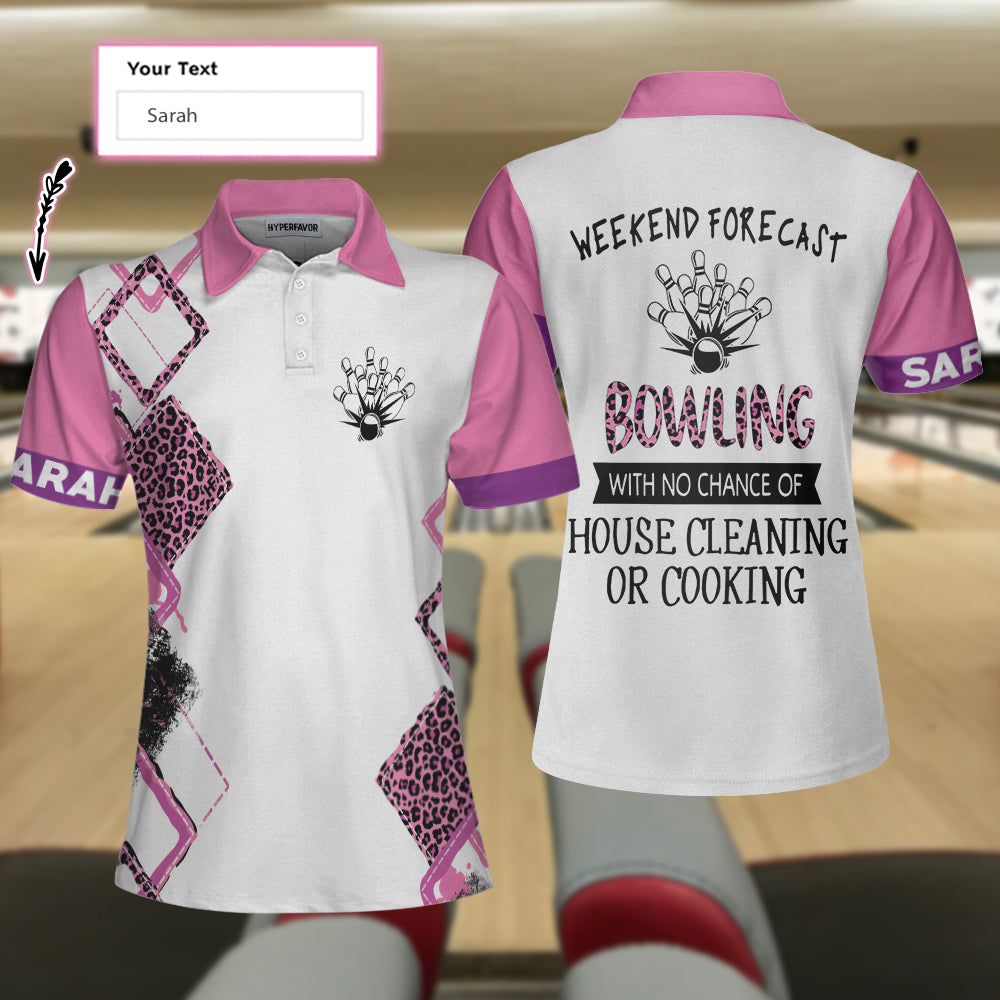 Bowling With No Chance Of House Cleaning Custom Short Sleeve Women Polo Shirt, Pink Leopard Bowling Shirt