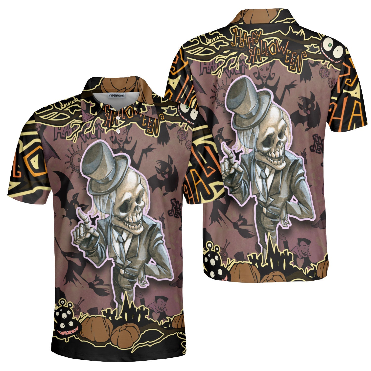Cartoon Halloween Illustration Frame Of Diverse Evil Polo Shirt - HYPERFAVOR