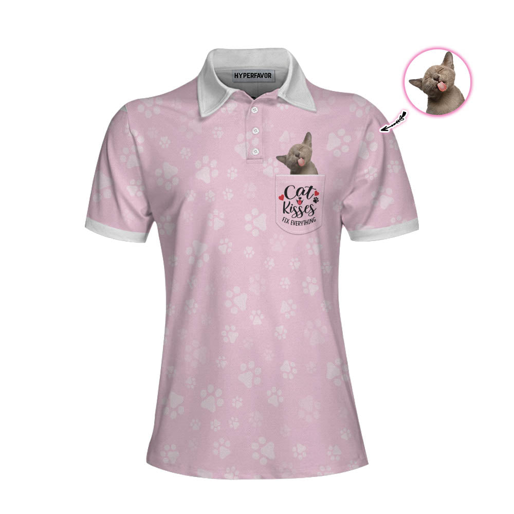 Cat Kisses Fix Everything Custom Short Sleeve Women Polo Shirt, Personalized Cat Polo Shirt For Women, Pink Cat Mom Shirt