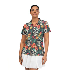 Colorful Flower Skull Pattern Woman Polo Shirt - HYPERFAVOR