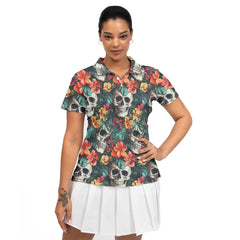 Colorful Flower Skull Pattern Woman Polo Shirt - HYPERFAVOR
