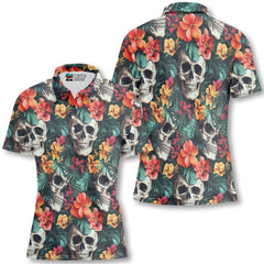 Colorful Flower Skull Pattern Woman Polo Shirt - HYPERFAVOR