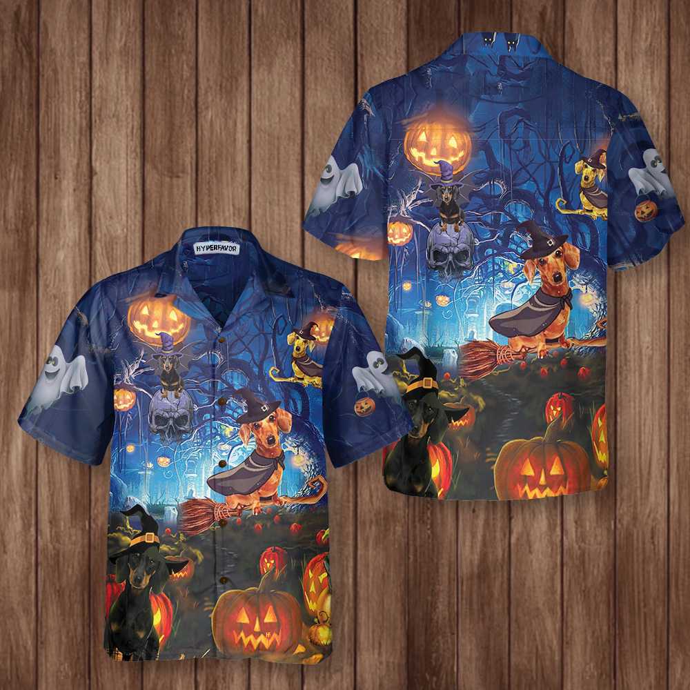 Dog The Witch For Halloween Hawaiian Shirt, Funny Dachshund Wich Halloween Shirt For Men And Women