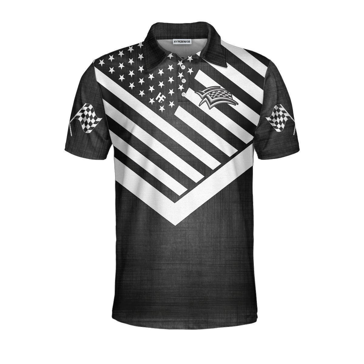 Drag Racing Custom Polo Shirt, Black American Flag Racing Shirt For Men