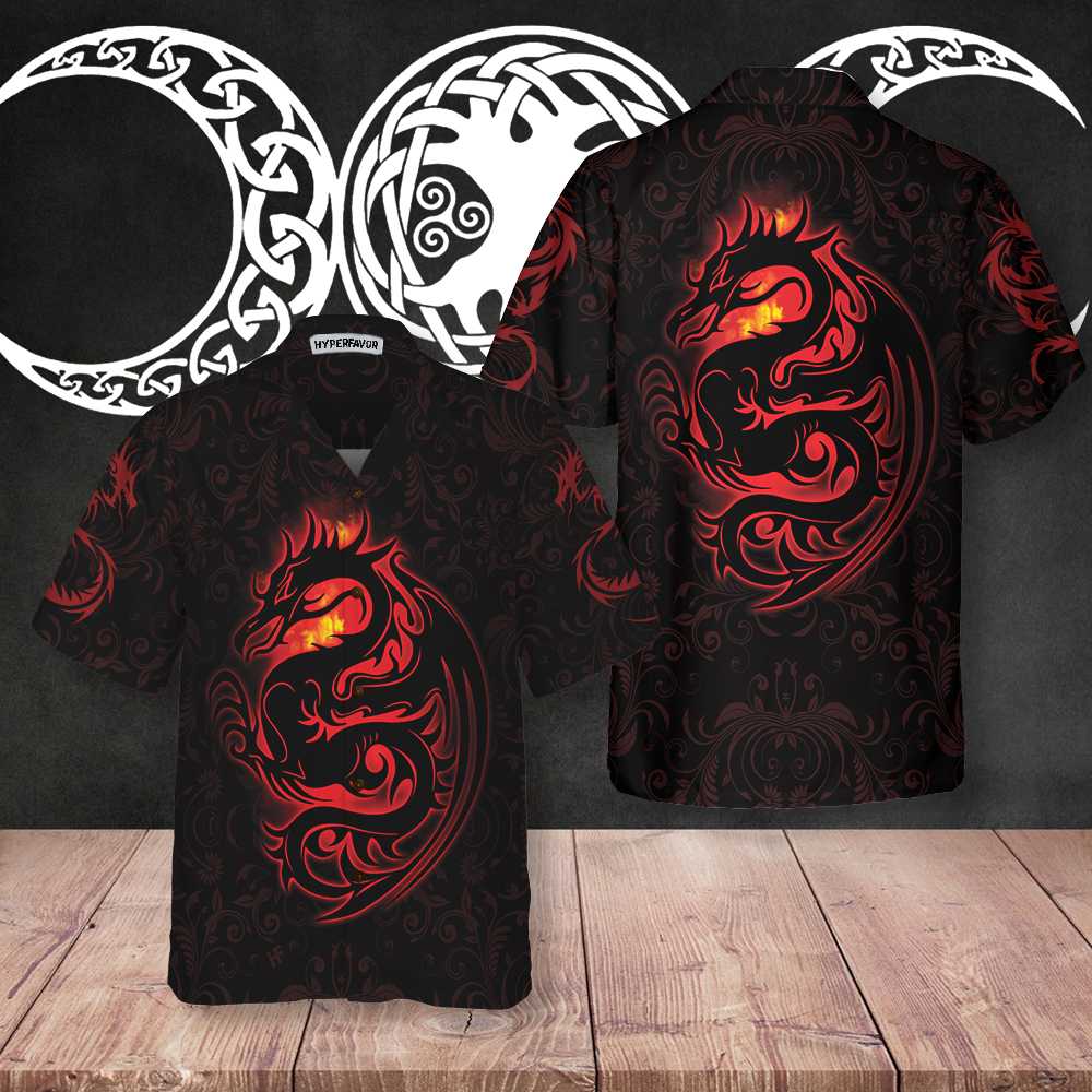 Dragon Tribal Tattoo Art Hawaiian Shirt, Cool Red Dragon Black Shirt