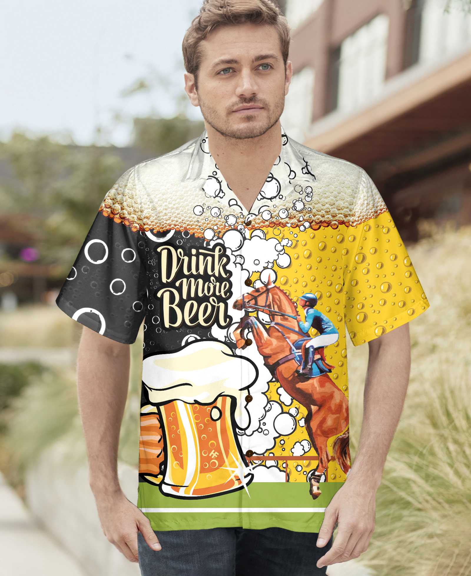 Drink More Beer And Racing Horse Hawaiian Shirt, Beer Mug Pattern Shirt, Beer Hawaiian Shirt, Best Gift For Beer Lovers