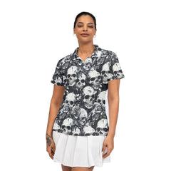 Rose Flower Skull Black & White Pattern Women Polo Shirt - HYPERFAVOR
