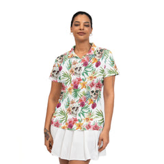 Tropical Flower Skull Pattern Women Polo Shirt - HYPERFAVOR