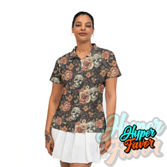 Vintage Flower Skull Pattern Women Polo Shirt - HYPERFAVOR