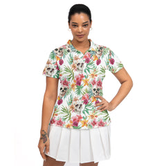 Tropical Flower Skull Pattern Women Polo Shirt - HYPERFAVOR