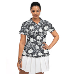 Rose Flower Skull Black & White Pattern Women Polo Shirt - HYPERFAVOR