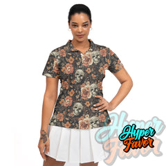Vintage Flower Skull Pattern Women Polo Shirt - HYPERFAVOR