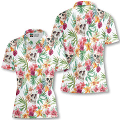 Tropical Flower Skull Pattern Women Polo Shirt - HYPERFAVOR