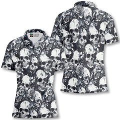 Rose Flower Skull Black & White Pattern Women Polo Shirt - HYPERFAVOR