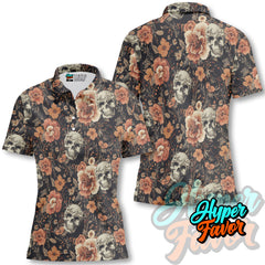 Vintage Flower Skull Pattern Women Polo Shirt - HYPERFAVOR