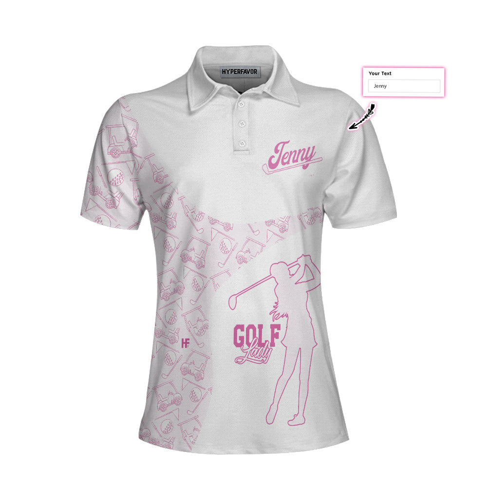 Golf Girl Pink Pattern Custom Short Sleeve Women Polo Shirt, White And Pink Golf Shirt For Ladies - Hyperfavor