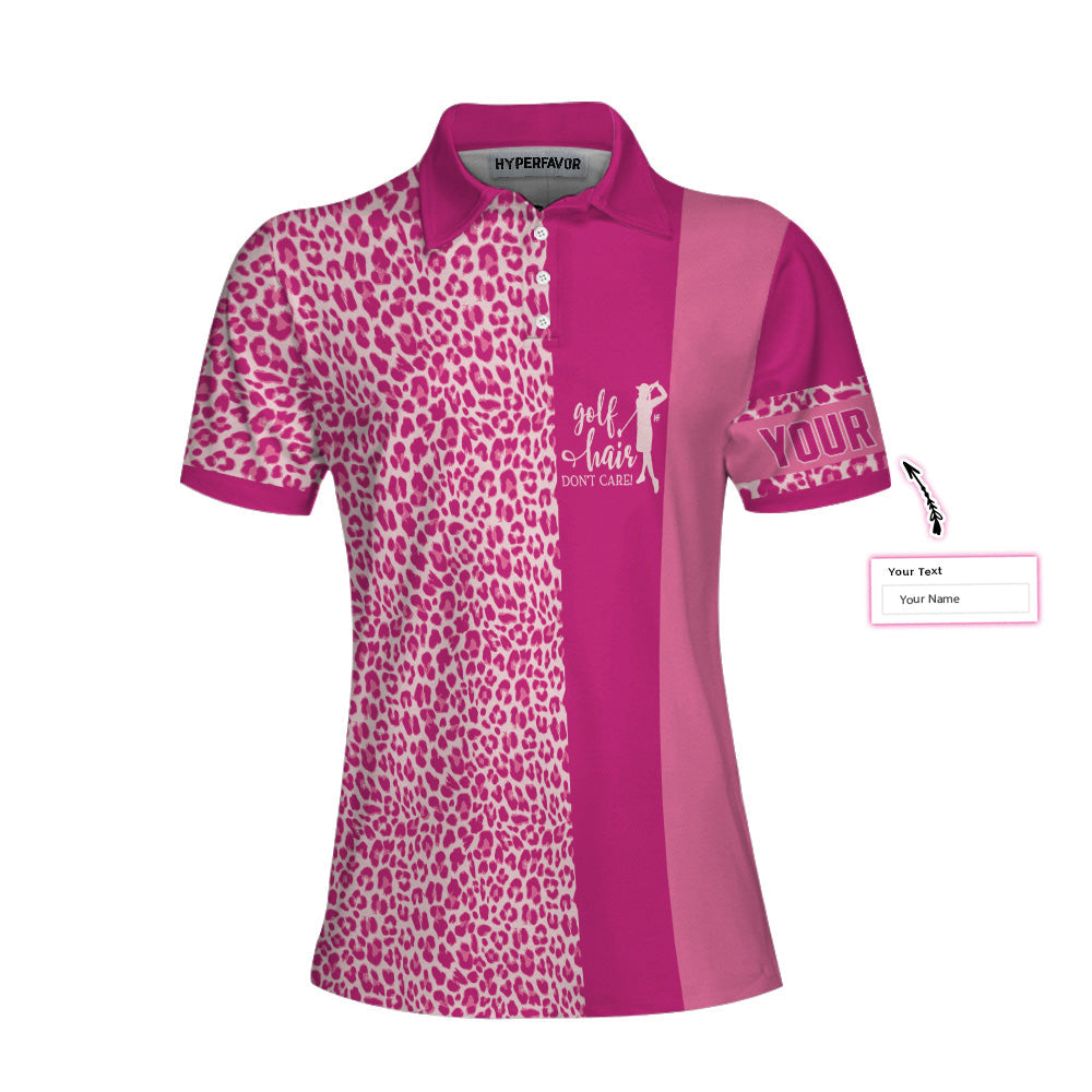 Golf Hair Don't Care Custom Short Sleeve Women Polo Shirt, Pink Leopard Golfing Shirt For Golfers
