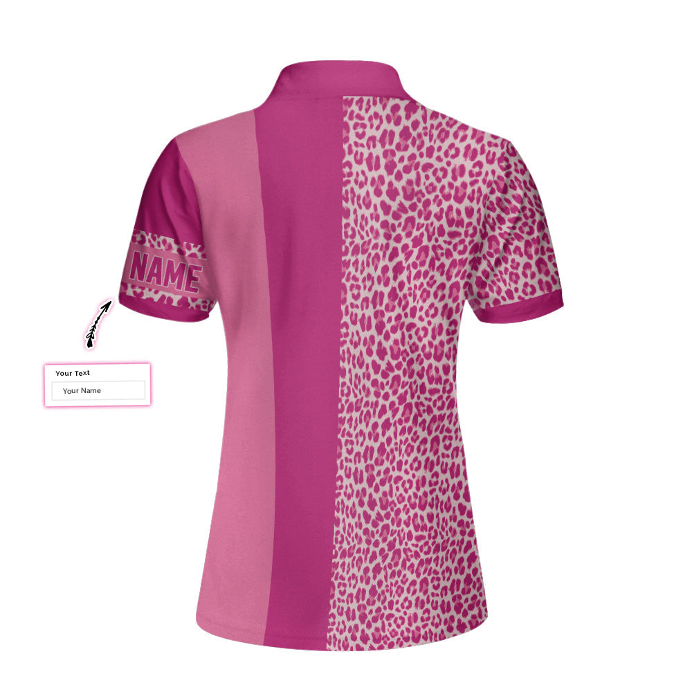 Golf Hair Don't Care Custom Short Sleeve Women Polo Shirt, Pink Leopard Golfing Shirt For Golfers