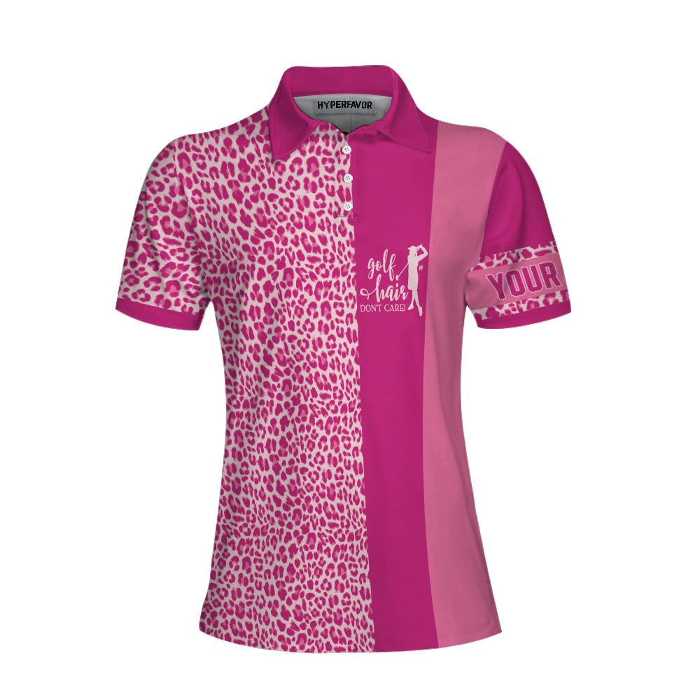 Golf Hair Don't Care Custom Short Sleeve Women Polo Shirt, Pink Leopard Golfing Shirt For Golfers