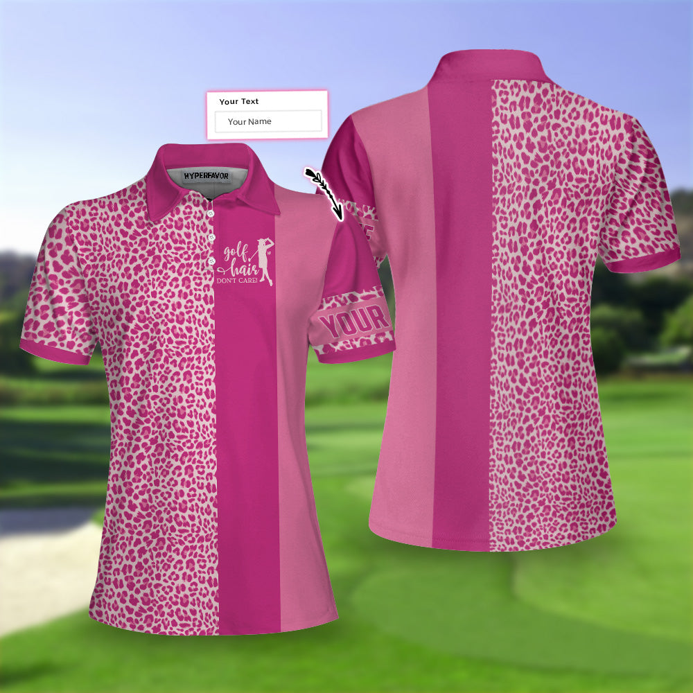 Golf Hair Don't Care Custom Short Sleeve Women Polo Shirt, Pink Leopard Golfing Shirt For Golfers