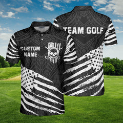 HYPERFAVOR Personalized Black And White Tribal Skull US Flag Golf Polo Shirt
