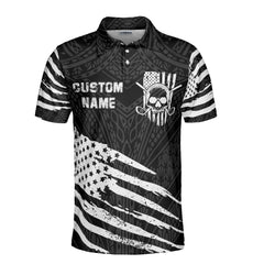 HYPERFAVOR Personalized Black And White Tribal Skull US Flag Golf Polo Shirt