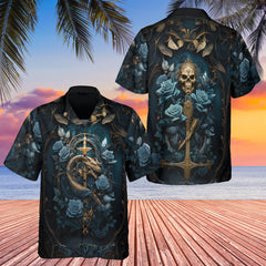 HYPERFAVOR Dark Blue Gothic Dragon Skull & Rose Hawaiian Shirt