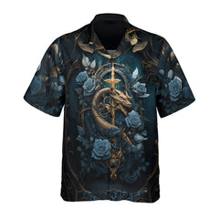 HYPERFAVOR Dark Blue Gothic Dragon Skull & Rose Hawaiian Shirt