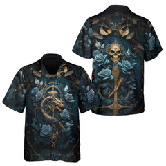 HYPERFAVOR Dark Blue Gothic Dragon Skull & Rose Hawaiian Shirt