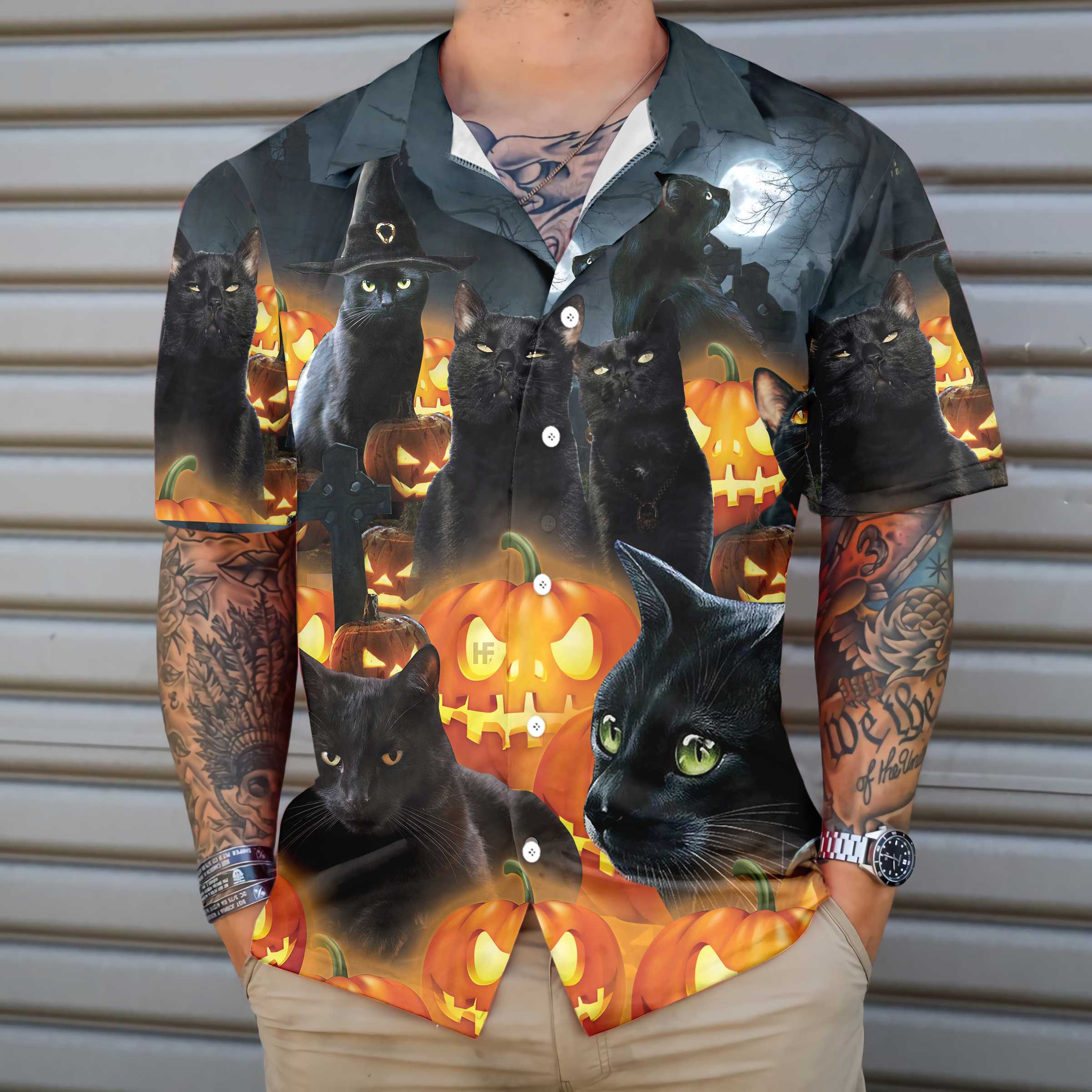 Halloween Black Cat & Pumpkin Hawaiian Shirt, Spooky Halloween Shirt For Men And Women