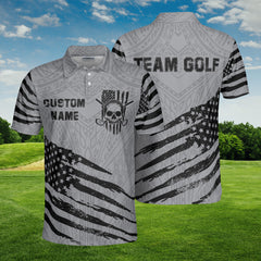 HYPERFAVOR Personalized Grey Tribal Skull US Flag Golf Polo Shirt