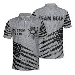 HYPERFAVOR Personalized Grey Tribal Skull US Flag Golf Polo Shirt