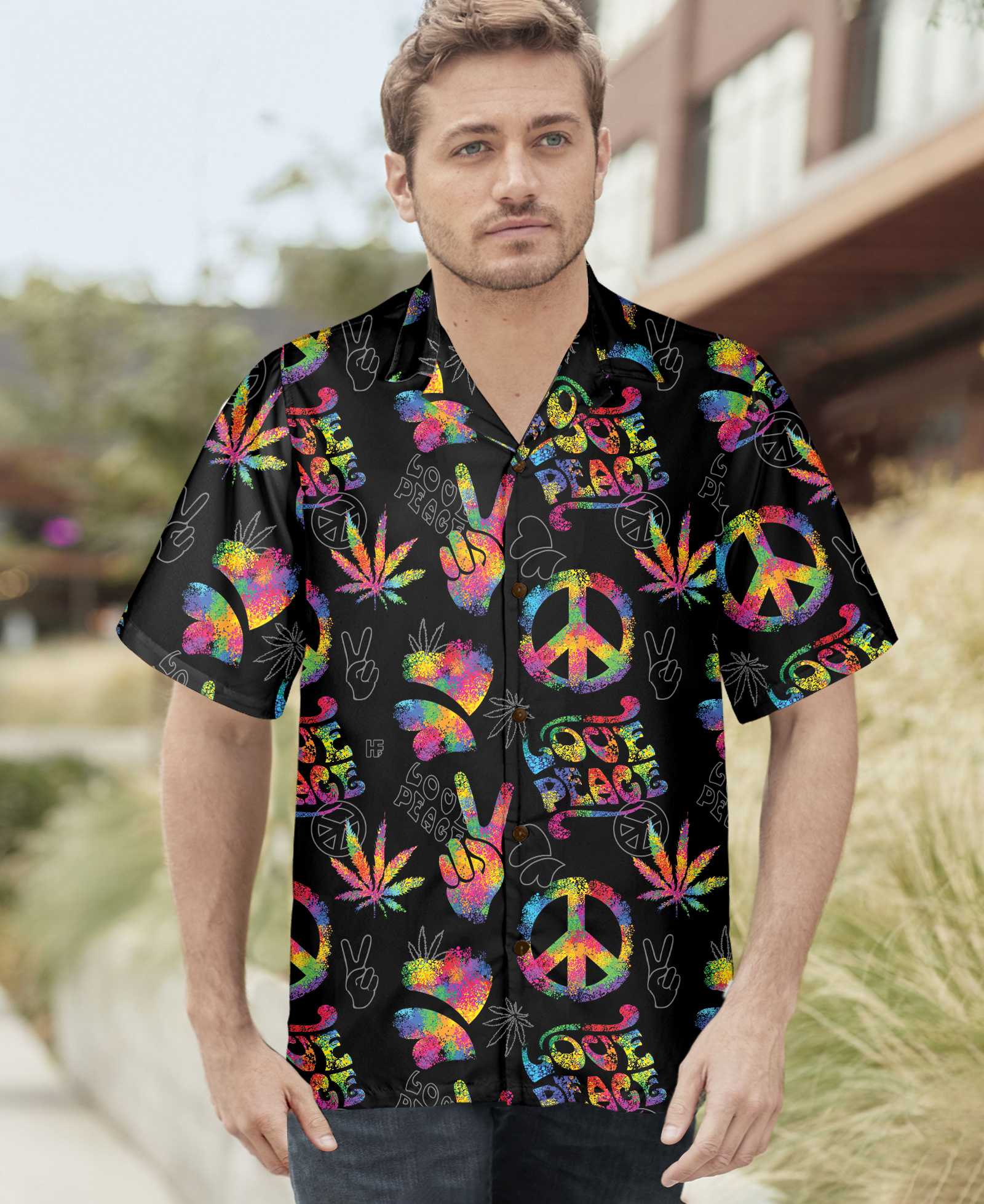 Love Peace Hippie Hawaiian Shirt, Rainbow Hippie Symbols Shirt