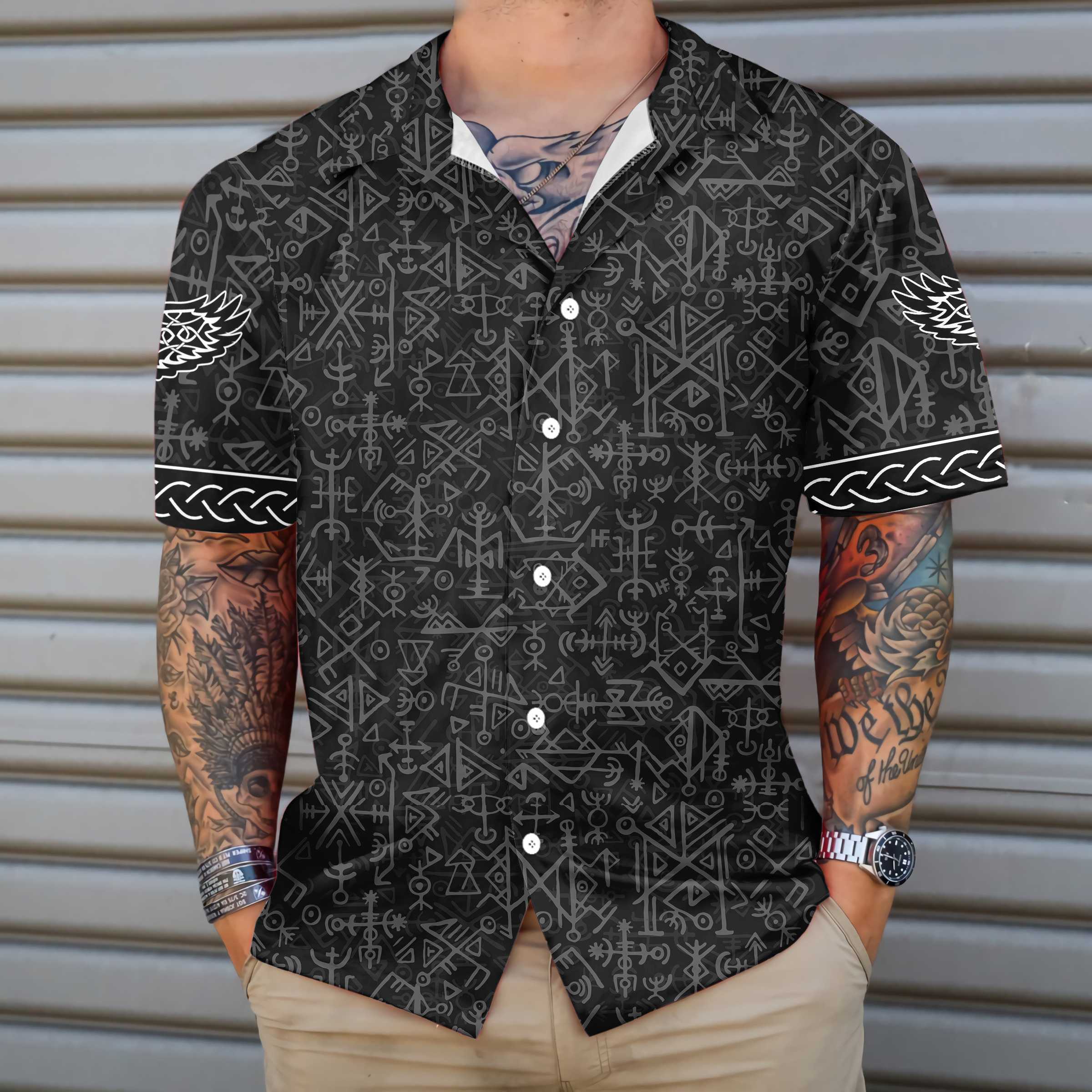 Magic Viking Symbol Hawaiian Shirt, Ethnic Norse Seamless Pattern Viking Shirt