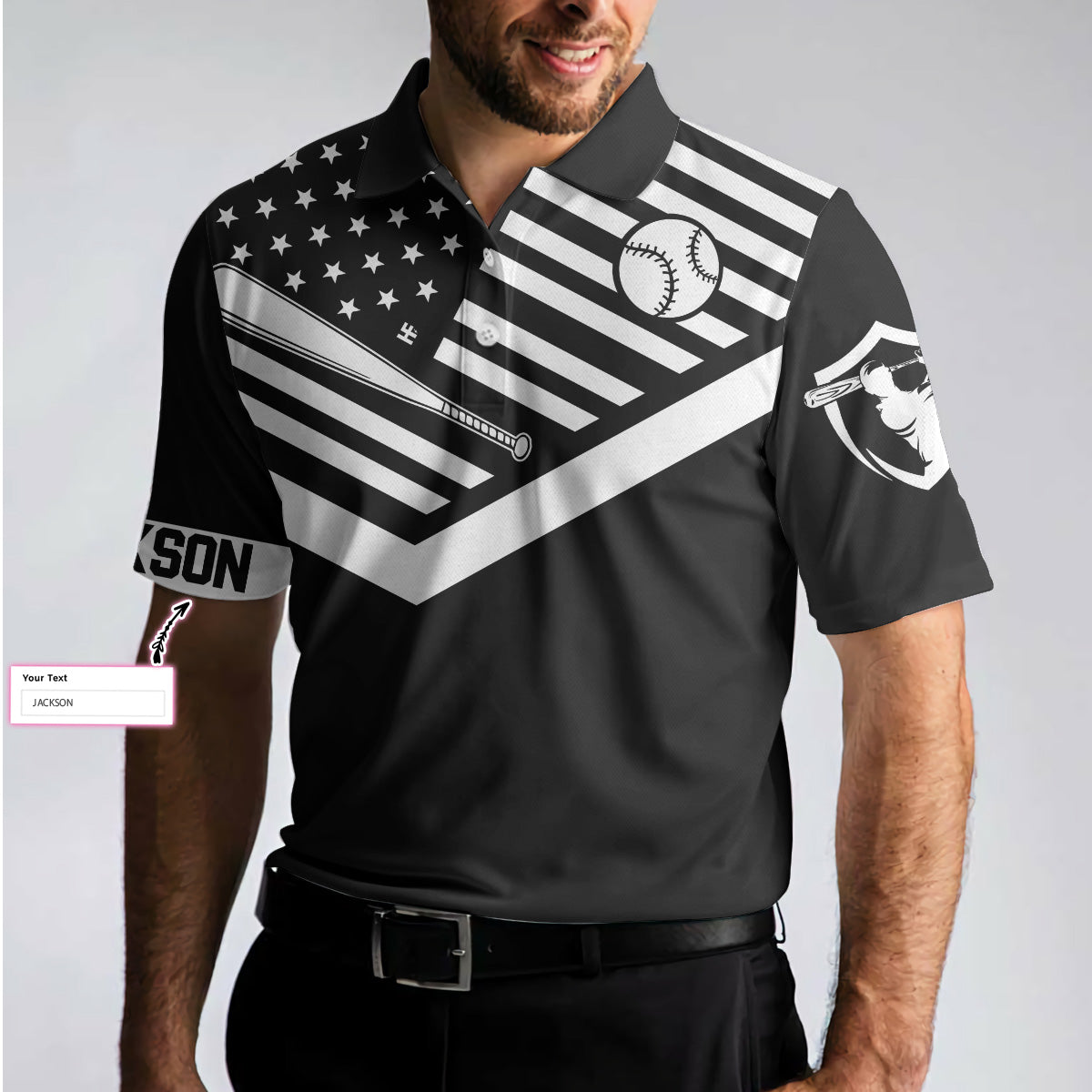 My Drinking Team Has A Baseball Problem Custom Polo Shirt, Personalized Black American Flag Baseball Shirt For Men