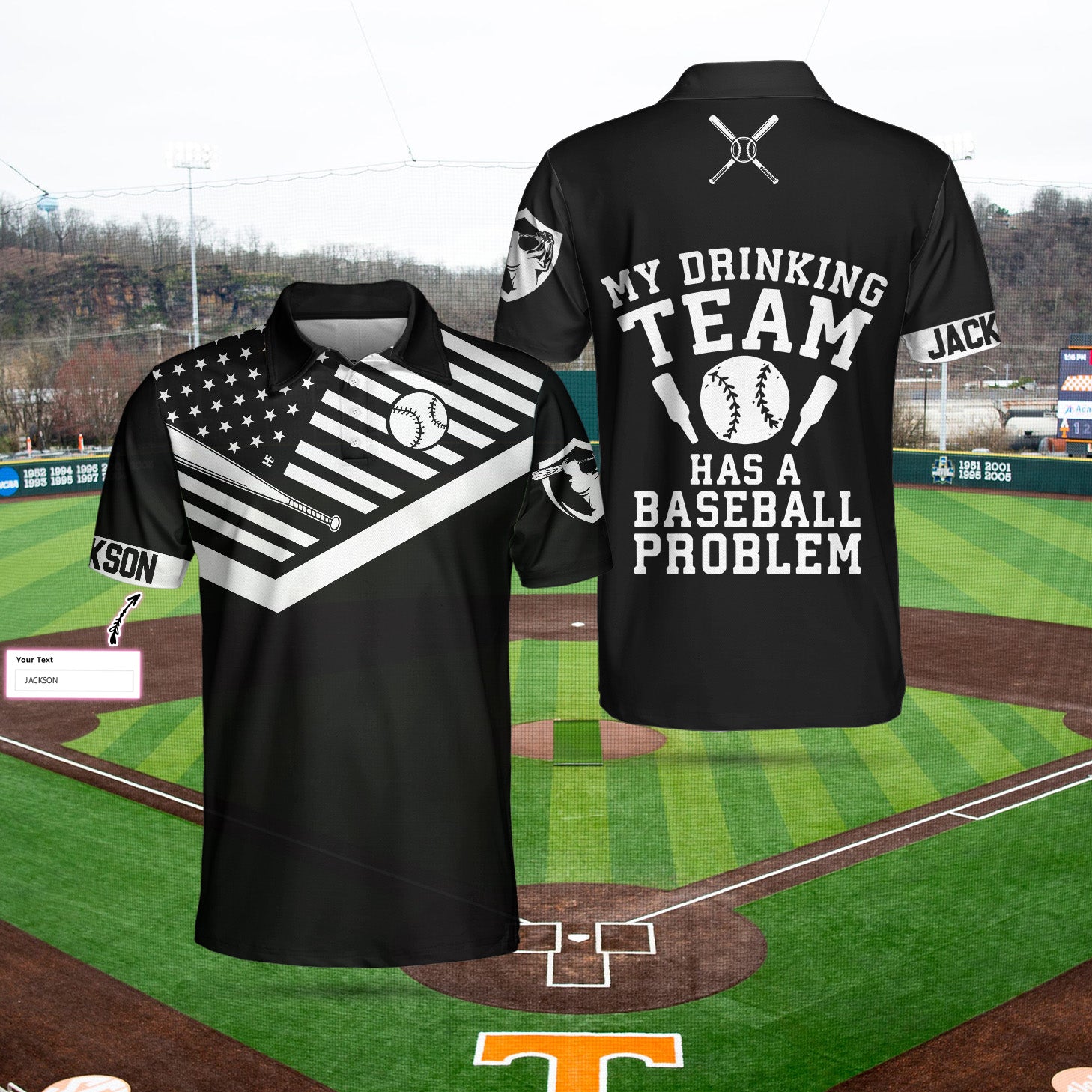 My Drinking Team Has A Baseball Problem Custom Polo Shirt, Personalized Black American Flag Baseball Shirt For Men