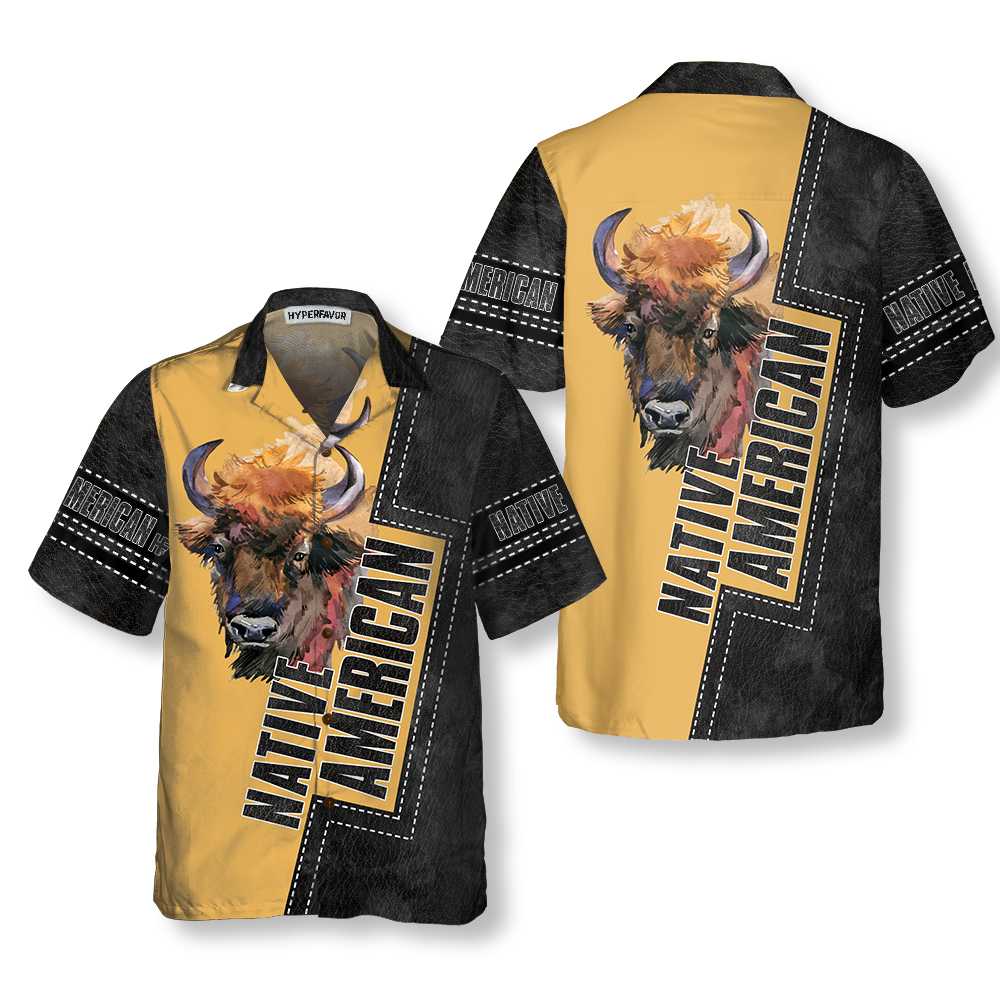 Native American Forest Bison Hawaiian Shirt, Black And Yellow Native American Indian Shirt