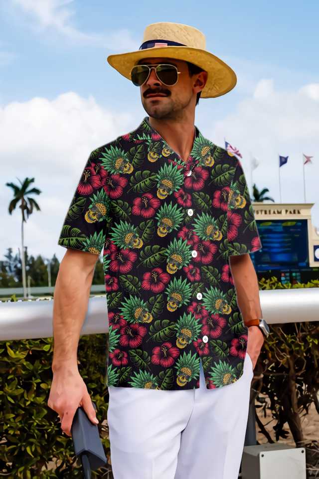 Native American Pineapple Chief Skull Hawaiian Shirt, Funny Tropical Skull Native American Shirt
