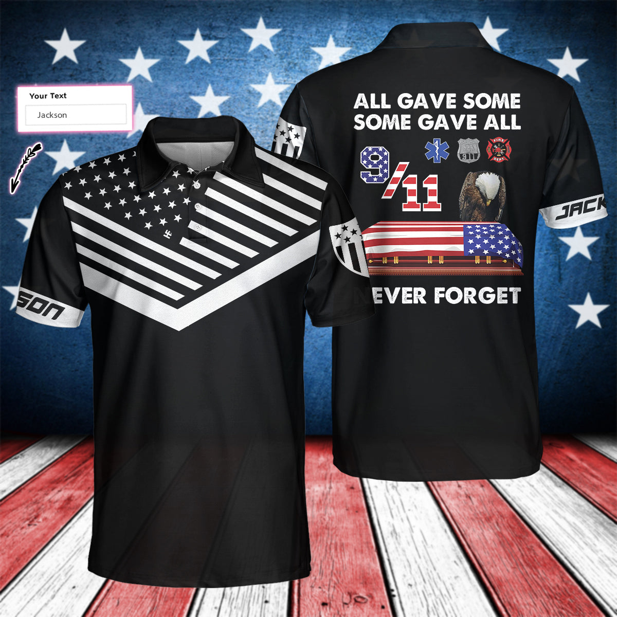 Patriot Day Anniversary Custom Polo Shirt, Personalized Black American Flag 9/11 Shirt For Men